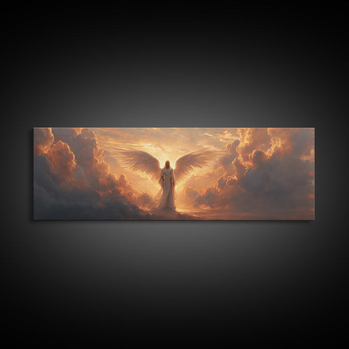 Majestic Angel Figure Surrounded By Glowing Clouds Inspirational Religious Wall Art Canvas Print For Spiritual Home Decor