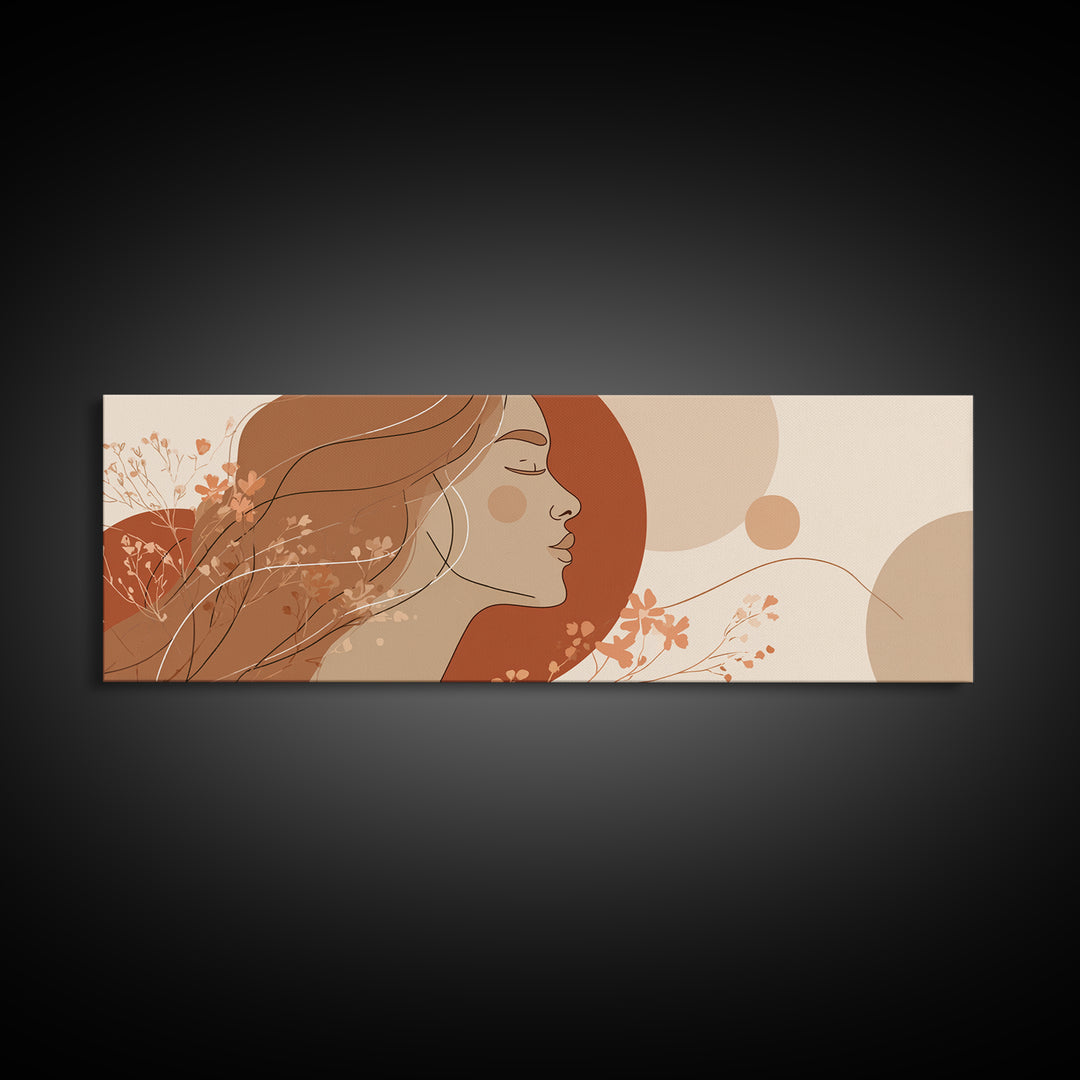 Boho Woman Profile Floral Wall Art, Terracotta Sun Canvas Print, Feminine Abstract Portrait, Modern Bedroom Decor, Gift For Her