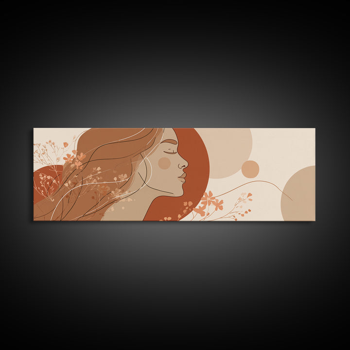 Boho Woman Profile Floral Wall Art, Terracotta Sun Canvas Print, Feminine Abstract Portrait, Modern Bedroom Decor, Gift For Her