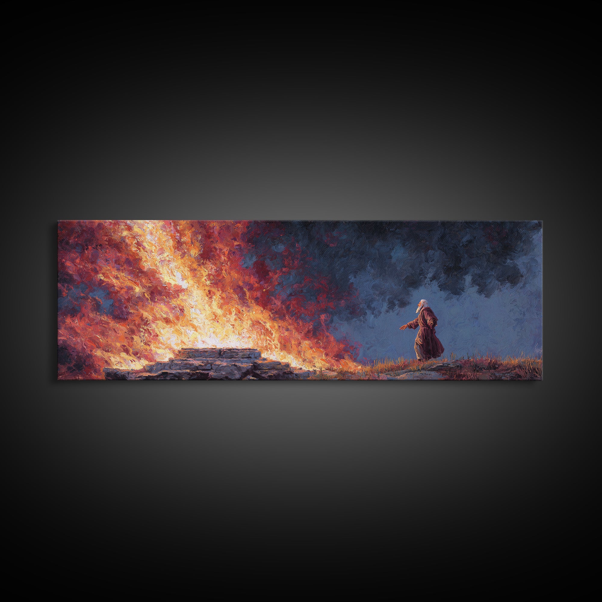 Biblical Scene Of Fiery Altar With Aged Man In Robe Religious Wall Art Framed Canvas Print For Home Decor