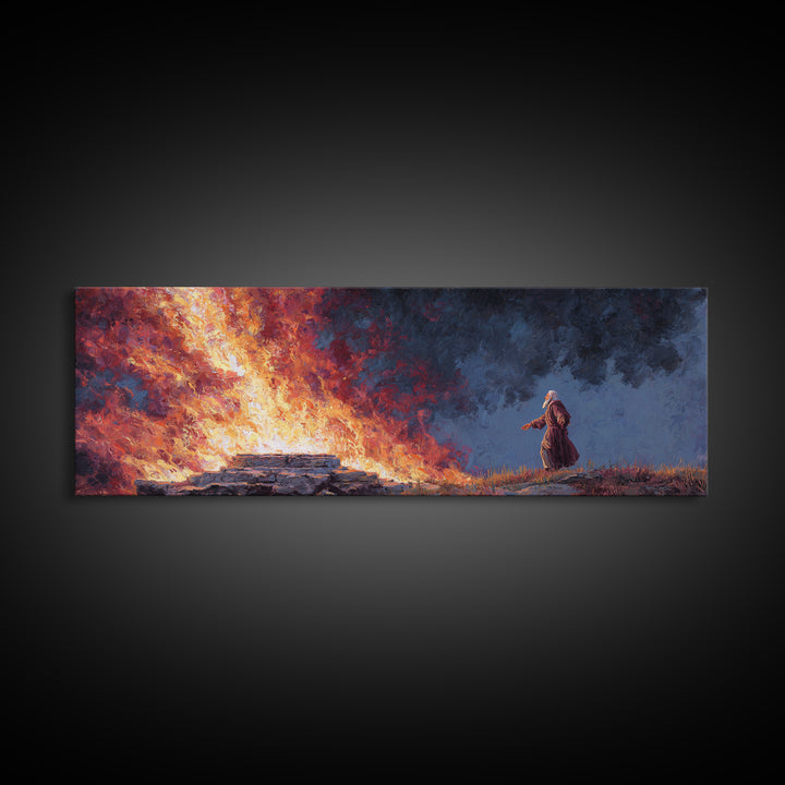 Biblical Scene Of Fiery Altar With Aged Man In Robe Religious Wall Art Framed Canvas Print For Home Decor