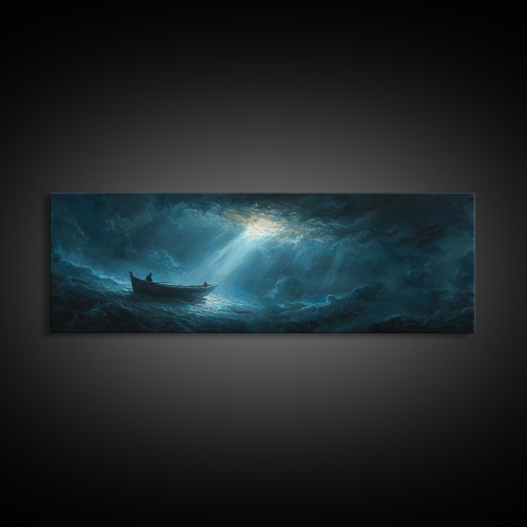 Stormy Seascape With Lone Boat Piercing Light Rays Through Clouds Canvas Print Large Wall Art Home Decor