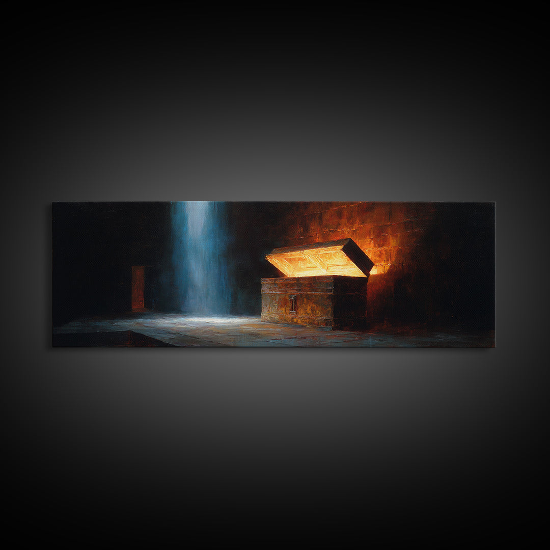 Mysterious Ancient Treasure Chest In Dimly Lit Room Oil Painting Canvas Print Unique Wall Art For Medieval Fantasy Decor