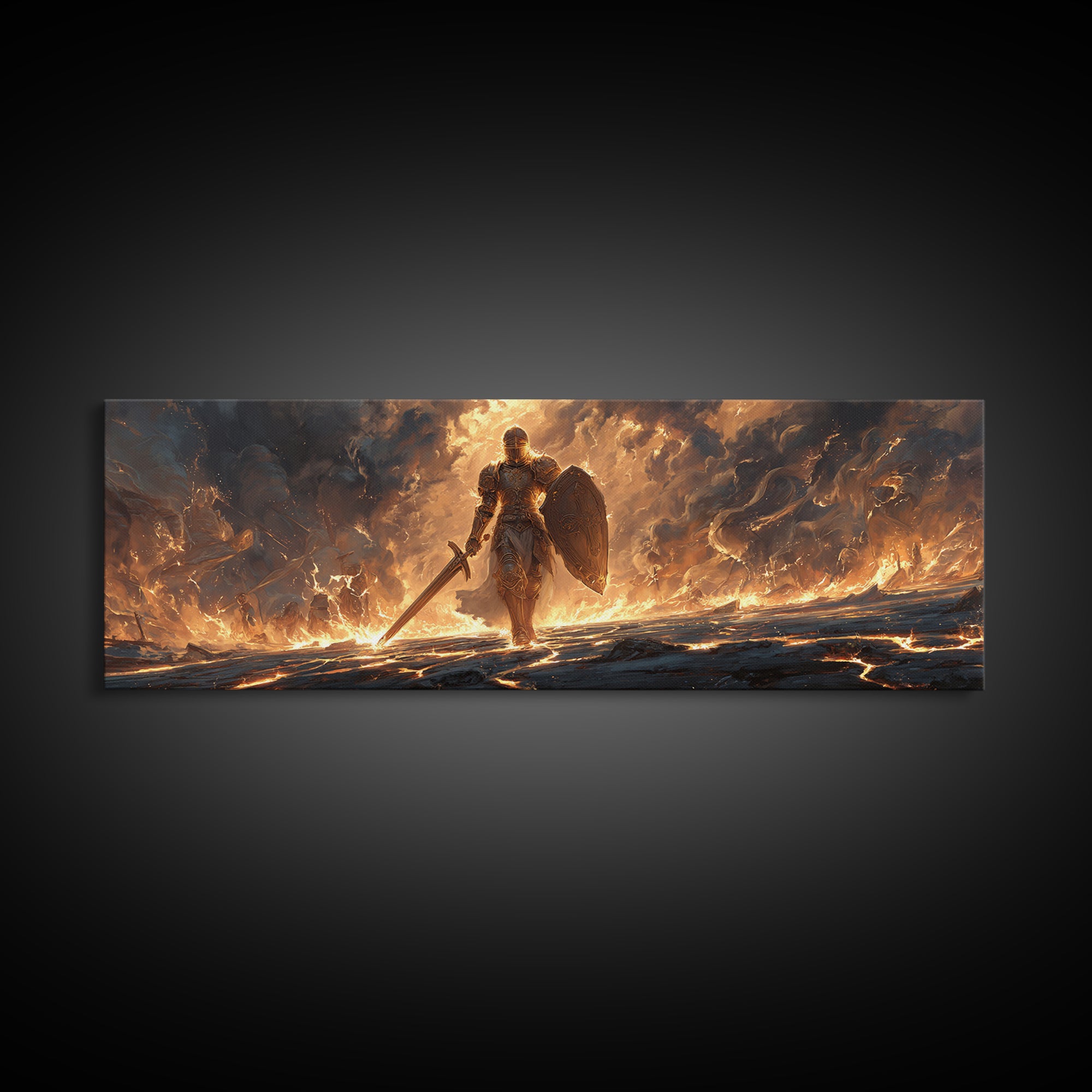 Mighty Armored Knight Walking Through Fiery Battlefield With Sword And Shield Canvas Print Medieval Fantasy Wall Art For Home Decor