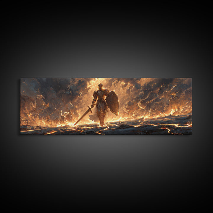 Mighty Armored Knight Walking Through Fiery Battlefield With Sword And Shield Canvas Print Medieval Fantasy Wall Art For Home Decor