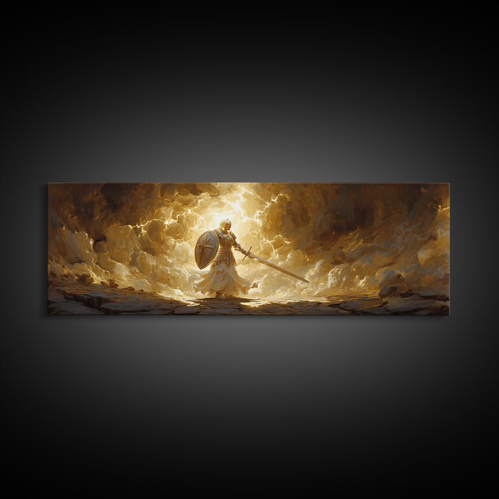 Radiant Angel Warrior With Sword Canvas Print, Christian Fantasy Wall Art, Spiritual Decor, Inspirational Gift For Him, Modern Home Decor
