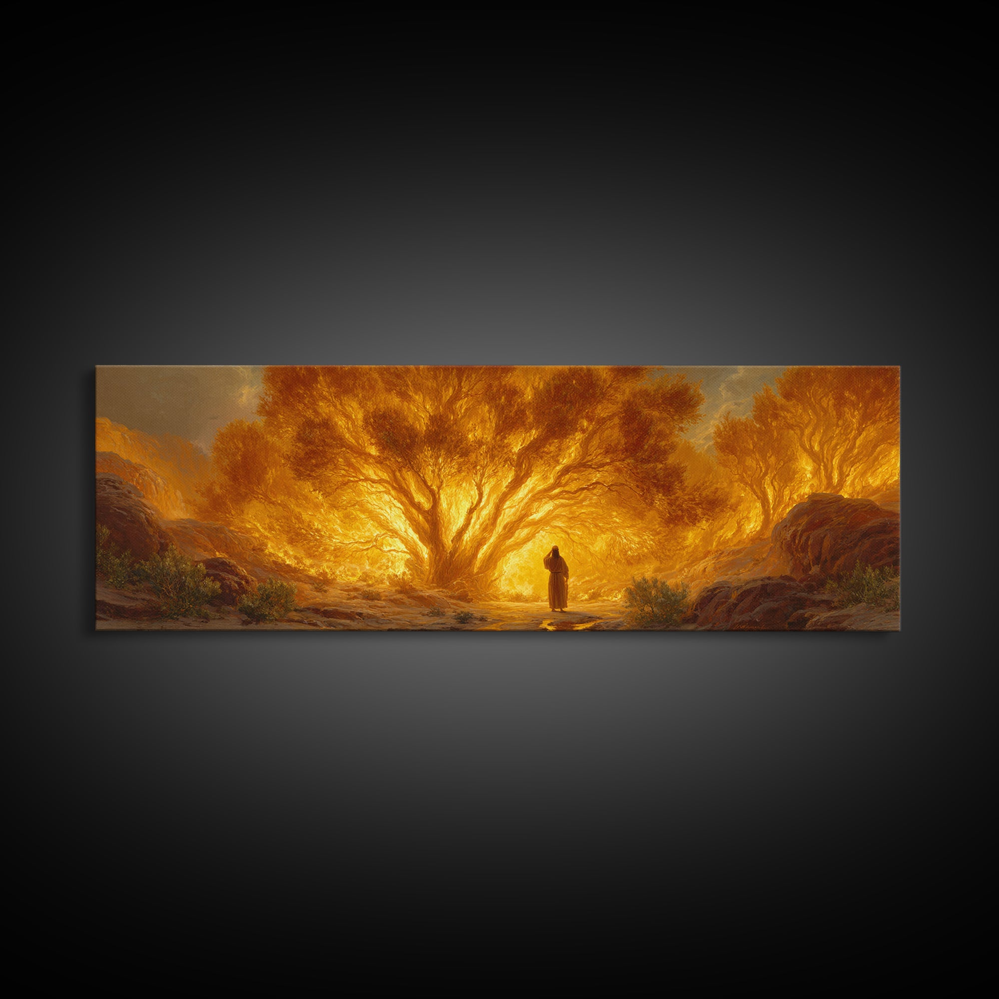Dramatic Burning Tree With Spiritual Figure Walking Through Fiery Forest Original Art Canvas Print For Inspirational Wall Art Decor