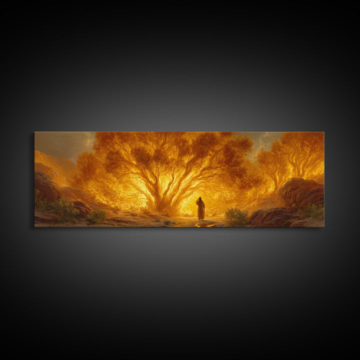 Dramatic Burning Tree With Spiritual Figure Walking Through Fiery Forest Original Art Canvas Print For Inspirational Wall Art Decor