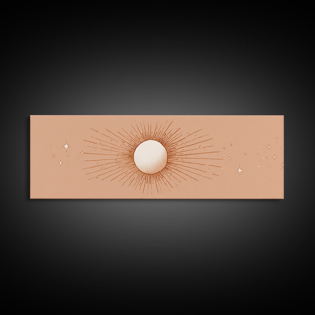 Radiant Sun Celestial Wall Art, Peach Minimalist Canvas Print, Boho Sun And Moon Decor, Spiritual Bedroom Wall Decor Print