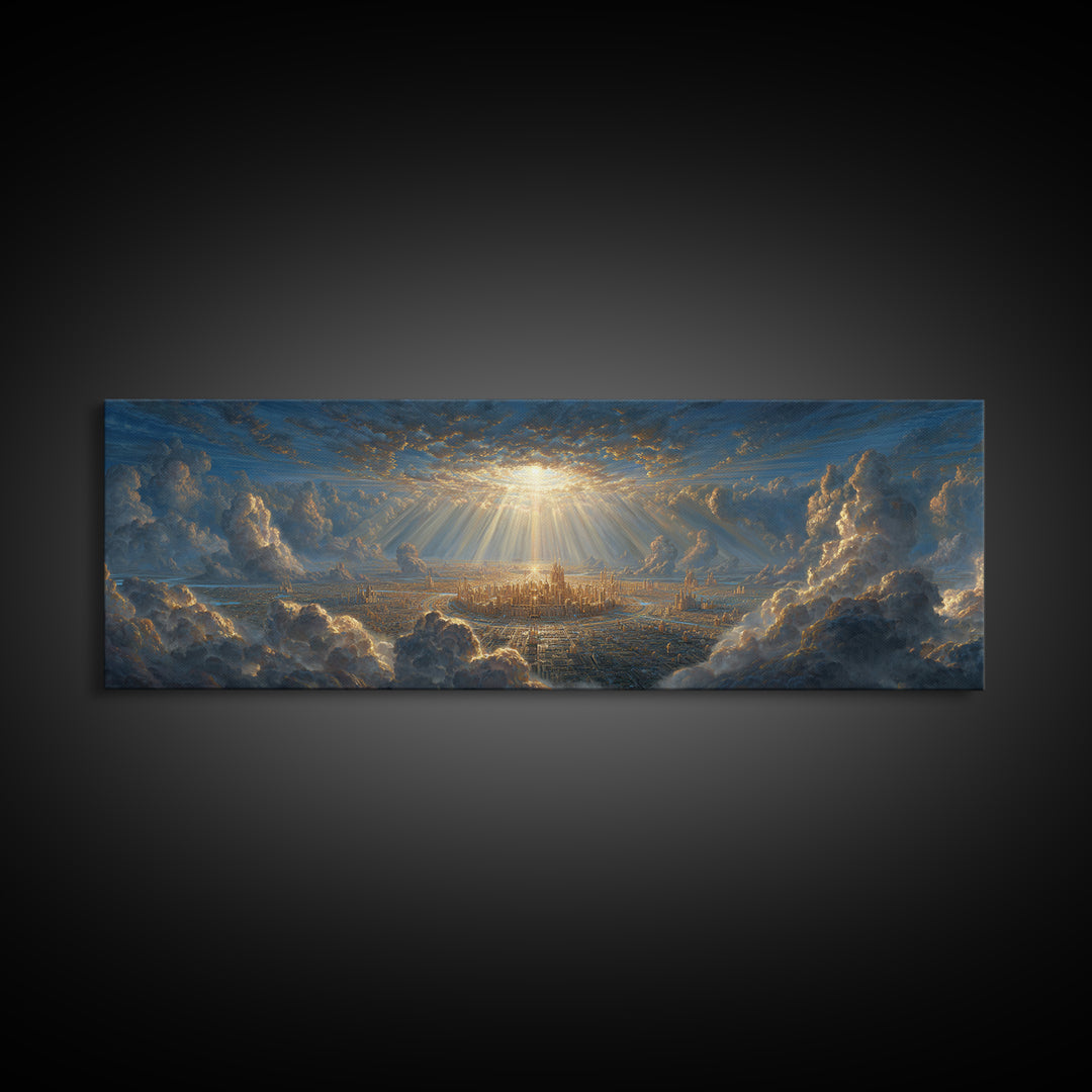 Sunlit Fantasy City Amidst Dramatic Clouds Wall Art Framed Canvas Print For Modern Home Decor And Fantasy Art Collectors Gift
