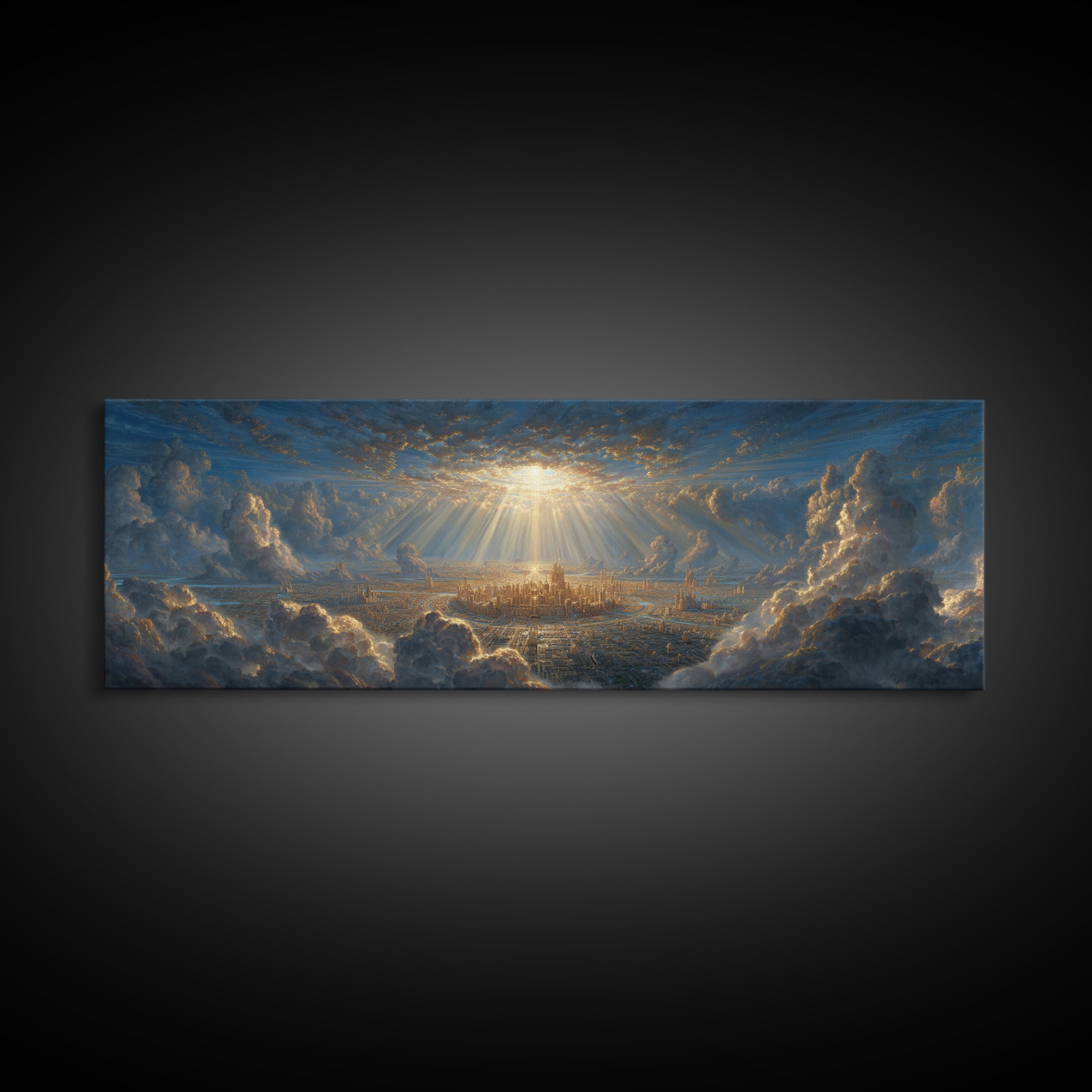 Sunlit Fantasy City Amidst Dramatic Clouds Wall Art Framed Canvas Print For Modern Home Decor And Fantasy Art Collectors Gift
