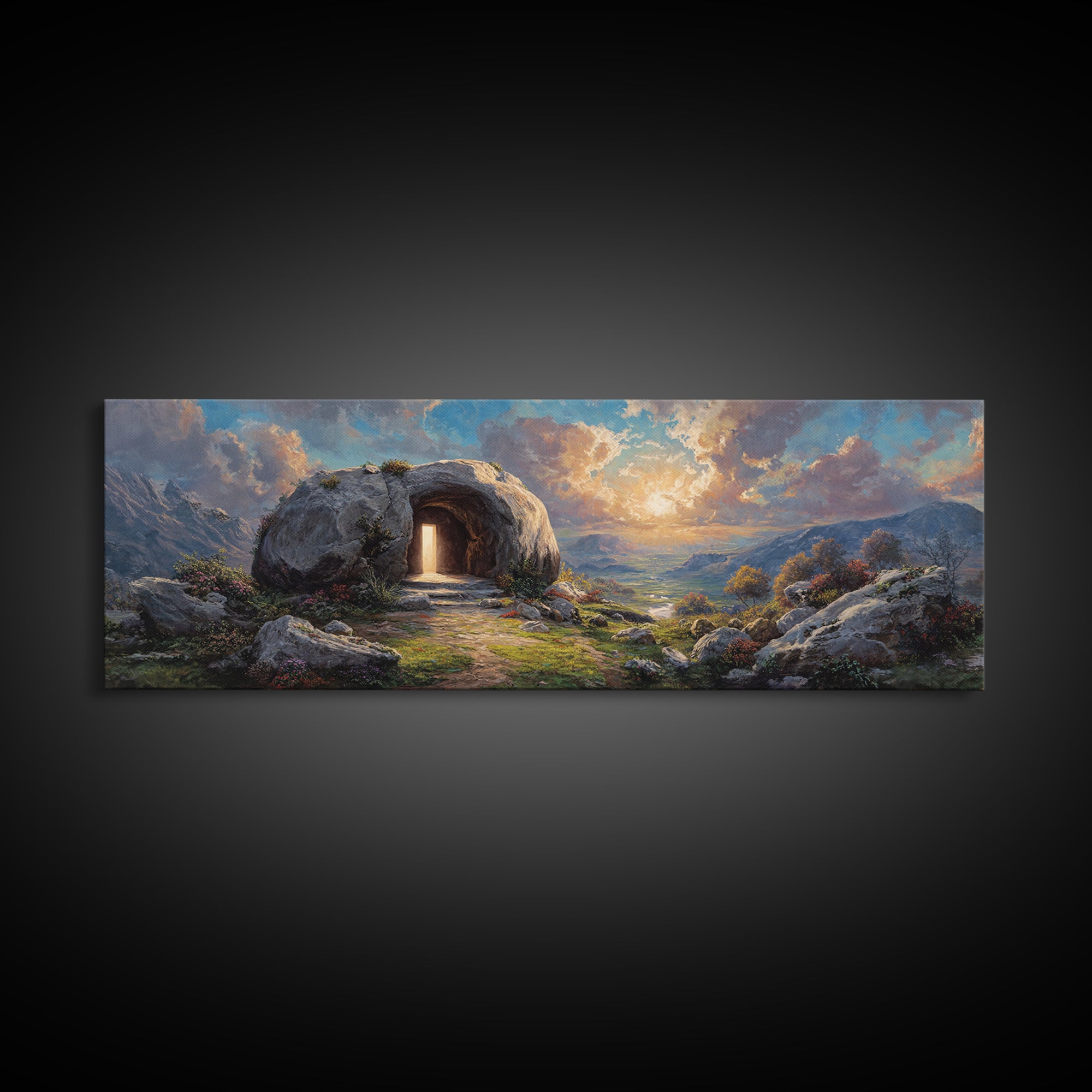 Luminous Entrance To Rocky Cave At Sunset Landscape Wall Art Framed Canvas Print For Home Decor