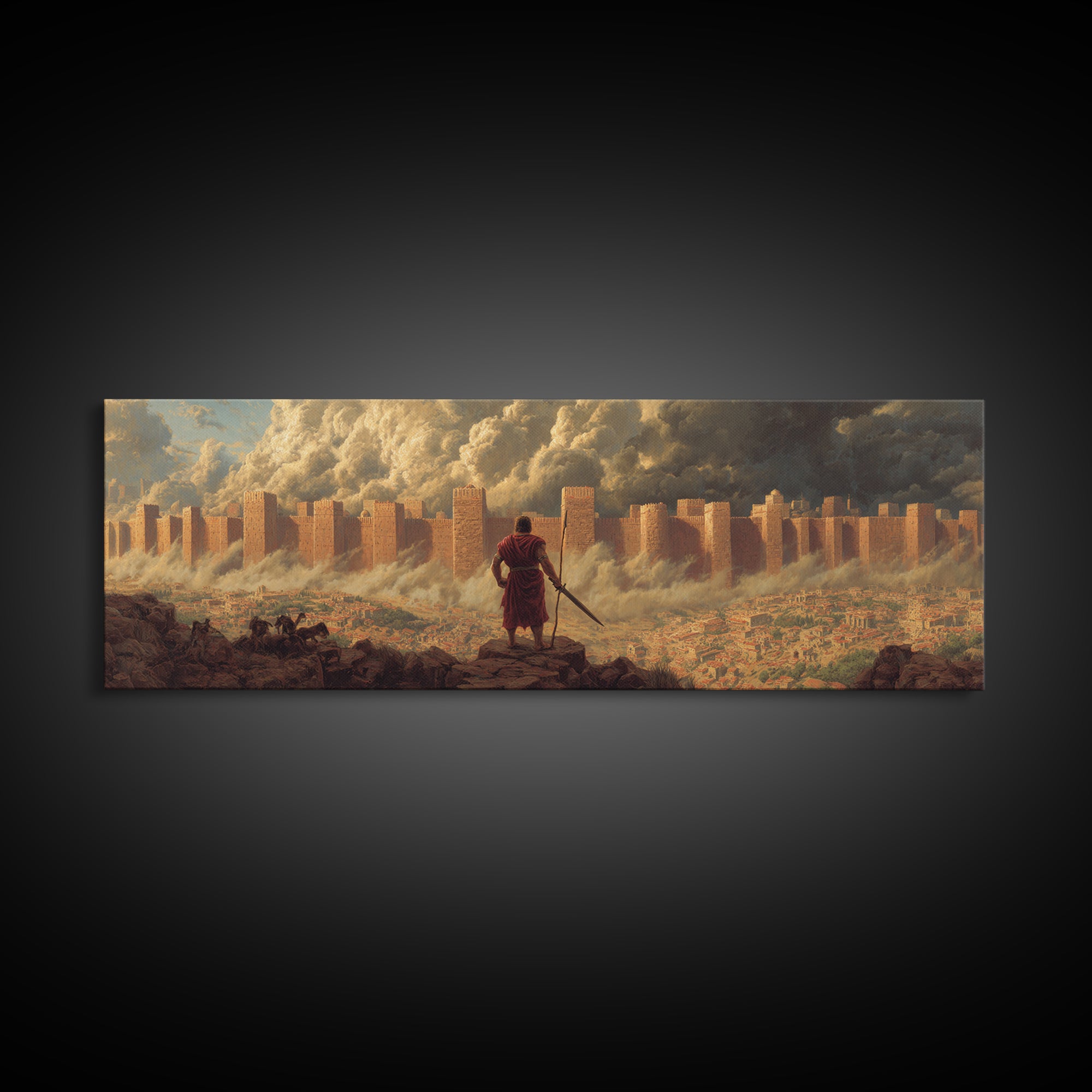 Epic Ancient Siege Scene With Warrior Overlooking Burning City - Dramatic Wall Art Canvas Print For Home Office And Living Room Decor
