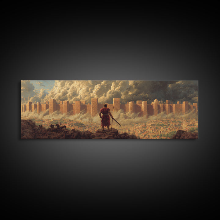 Epic Ancient Siege Scene With Warrior Overlooking Burning City - Dramatic Wall Art Canvas Print For Home Office And Living Room Decor