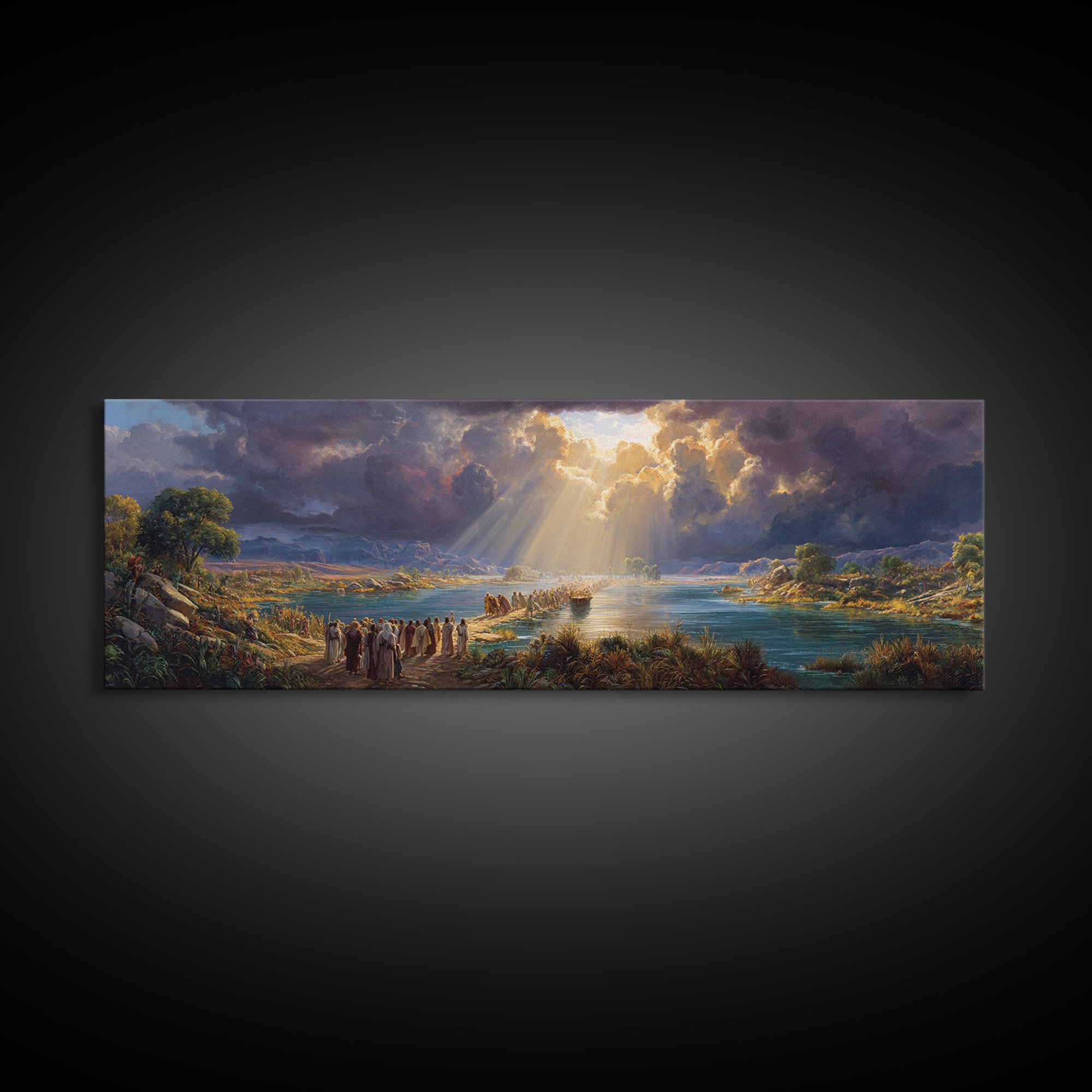 Beautiful Dramatic Sunset Landscape Over River With Walking People Fine Art Print Wall Art For Living Room Framed Canvas Print