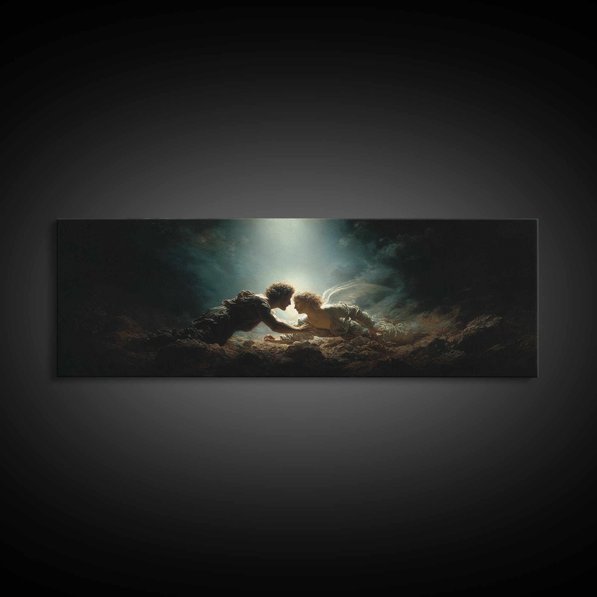 Romantic Mythical Lovers Surrounded By Dramatic Light Fine Art Painting Framed Canvas Print For Wall Decor