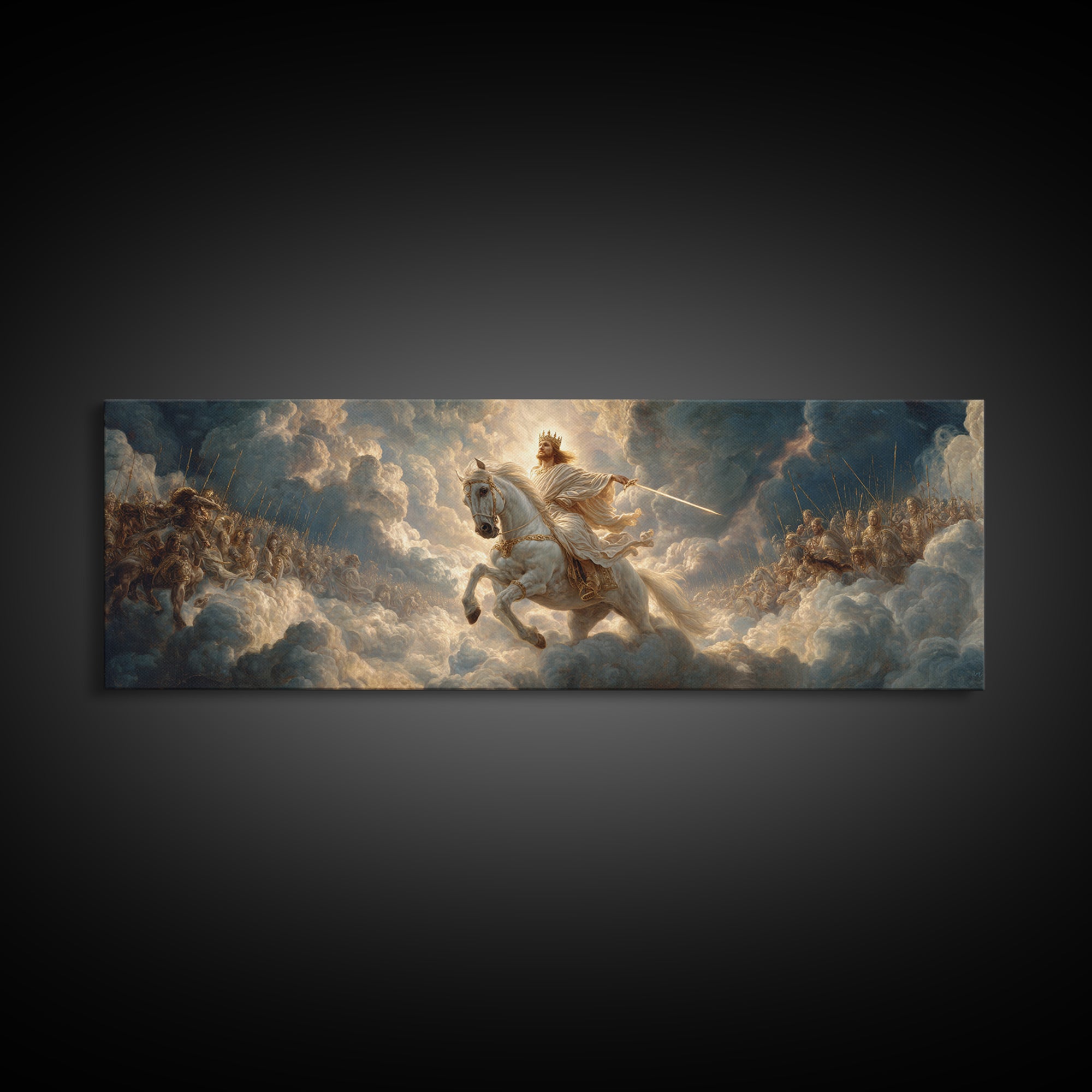 Epic Legendary Knight On White Horse Charging Battle Scene Framed Canvas Print Medieval Wall Art Dramatic Art