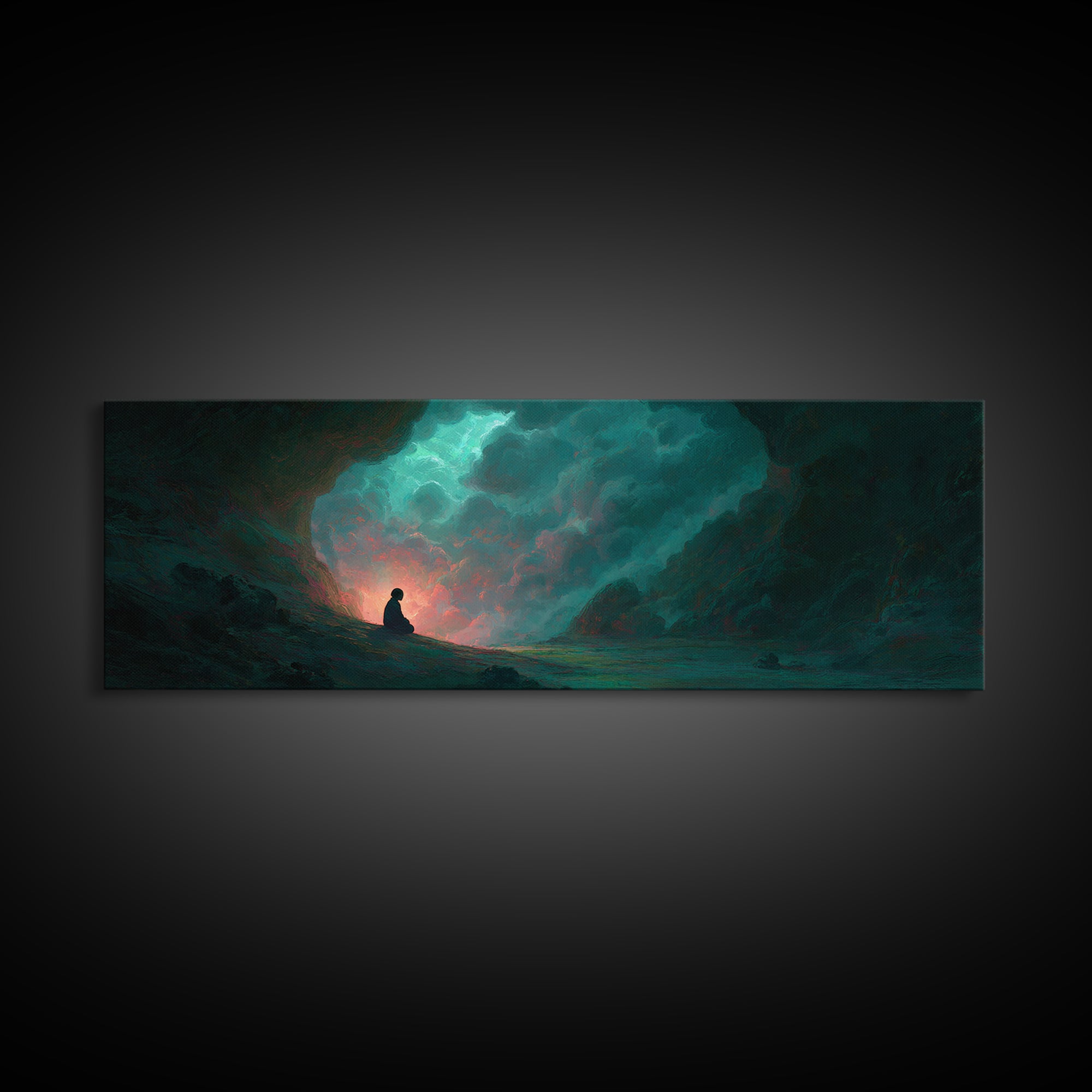 Meditating Figure In Mystical Cave With Glowing Light And Nature Elements Wall Art