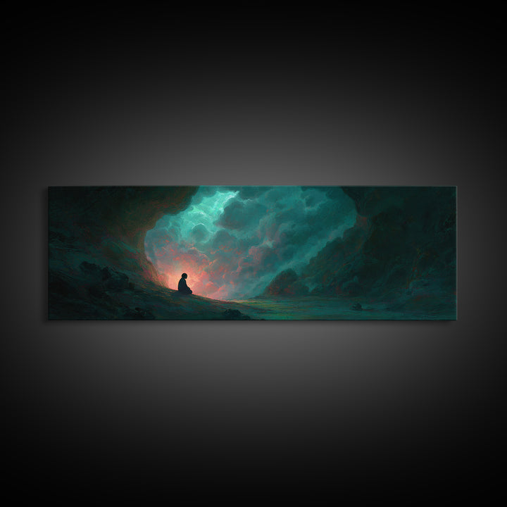 Meditating Figure In Mystical Cave With Glowing Light And Nature Elements Wall Art