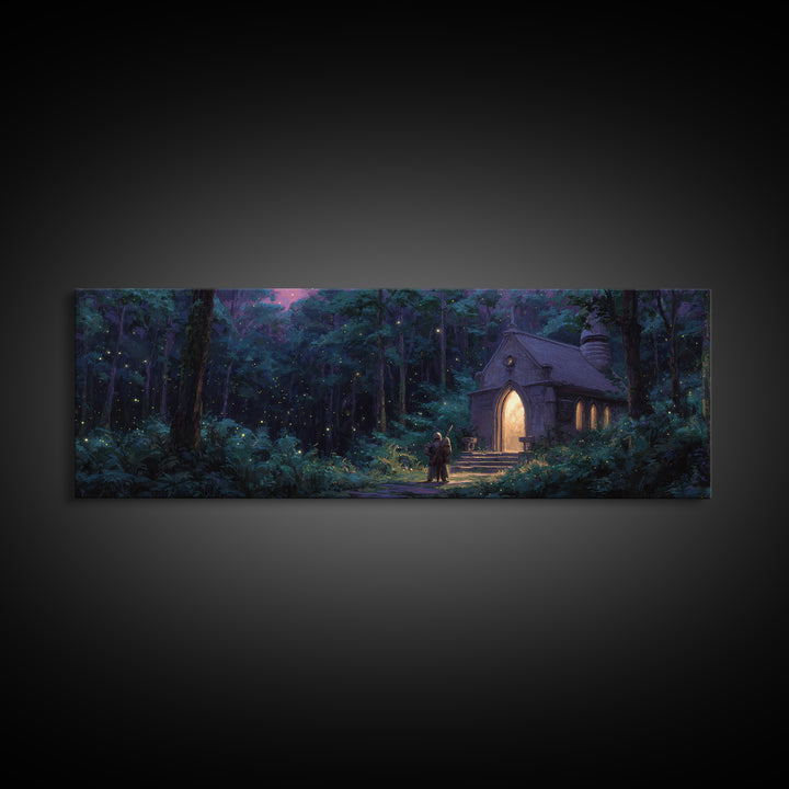 Enchanting Forest Chapel At Night With Glowing Lights And Two Travelers Original Fantasy Wall Art Print
