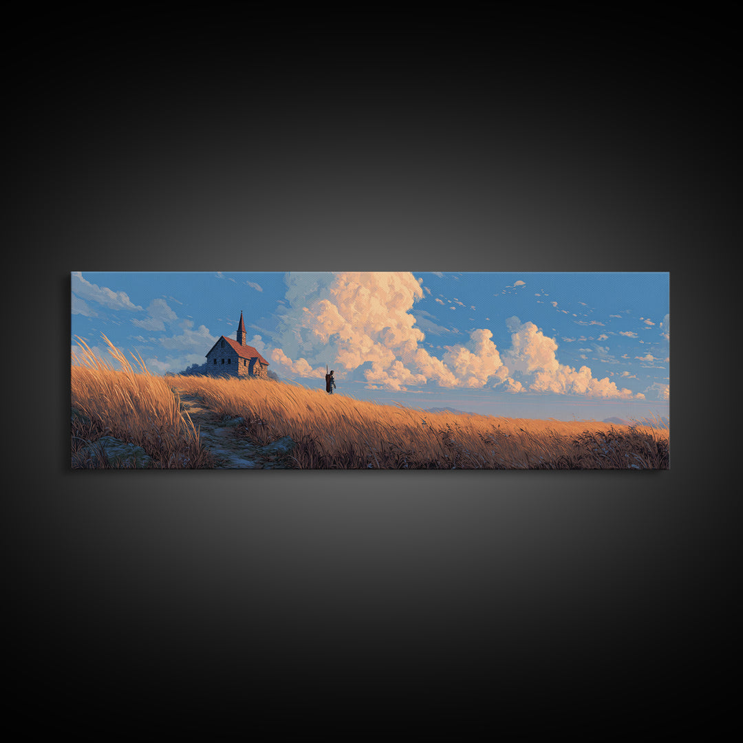 Peaceful Countryside Scene With Golden Wheat Field And Small Church Under Dramatic Sky Framed Canvas Print For Nature Wall Art