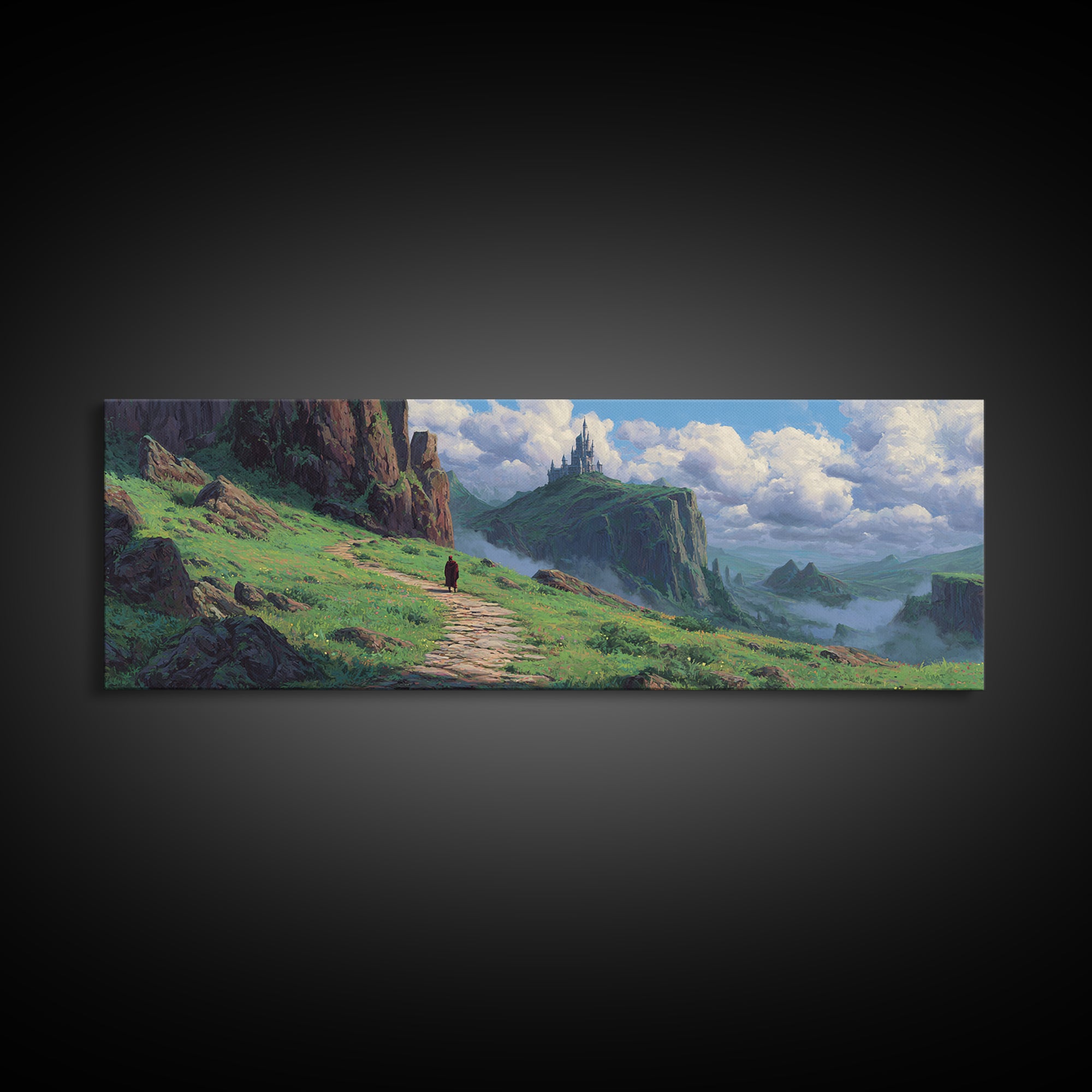Enchanting Fantasy Landscape With Lone Traveler Walking Toward Mystic Castle on Cliff Surrounded by Lush Greenery Wall Art Canvas Print