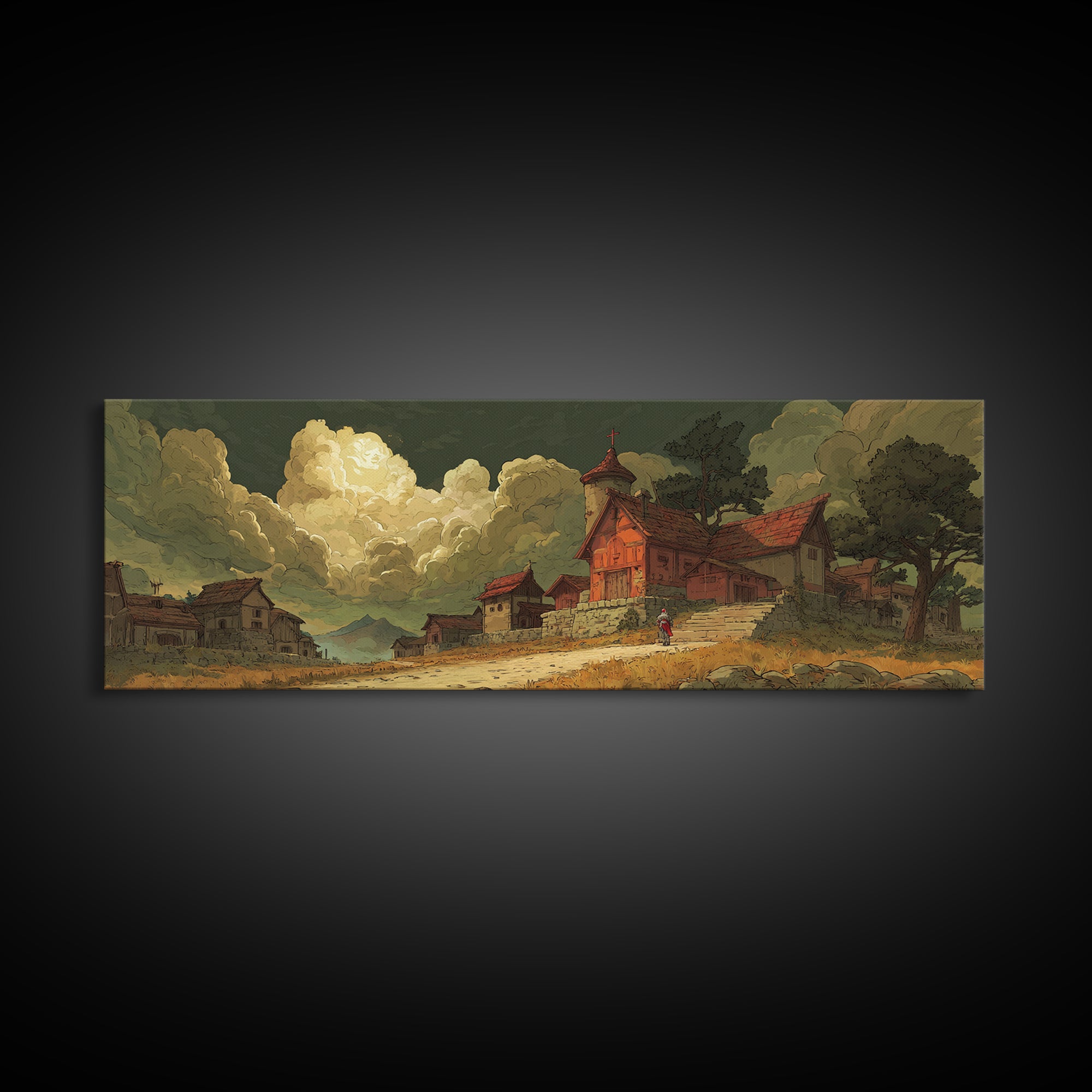Fantasy Village Landscape Artwork With Knight And Dramatic Sky In Warm Tones Canvas Print