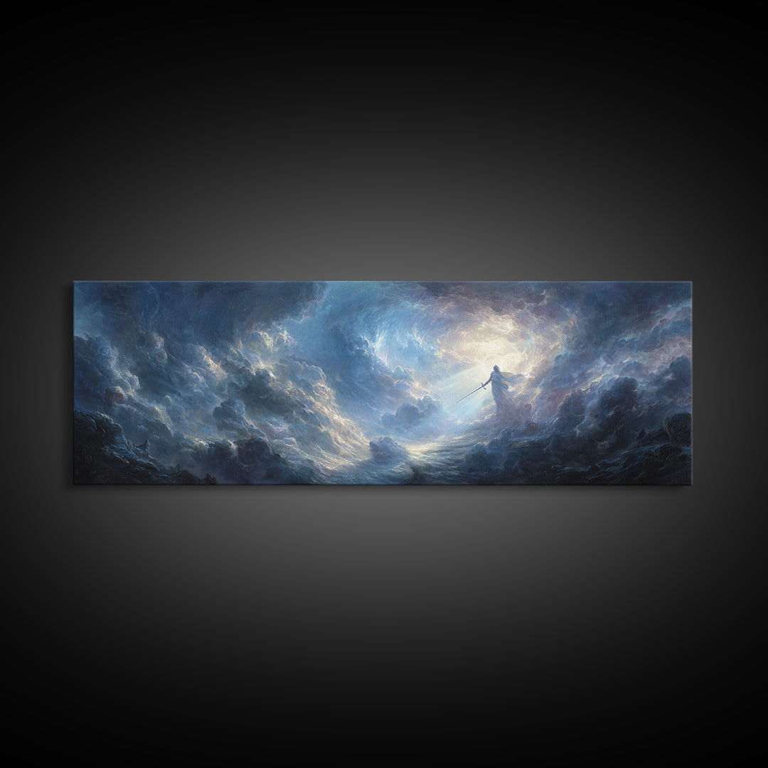 Dramatic Angelic Warrior In Radiant Clouds With Sword Wall Art Framed Canvas Print For Home Decor And Spiritual Gift