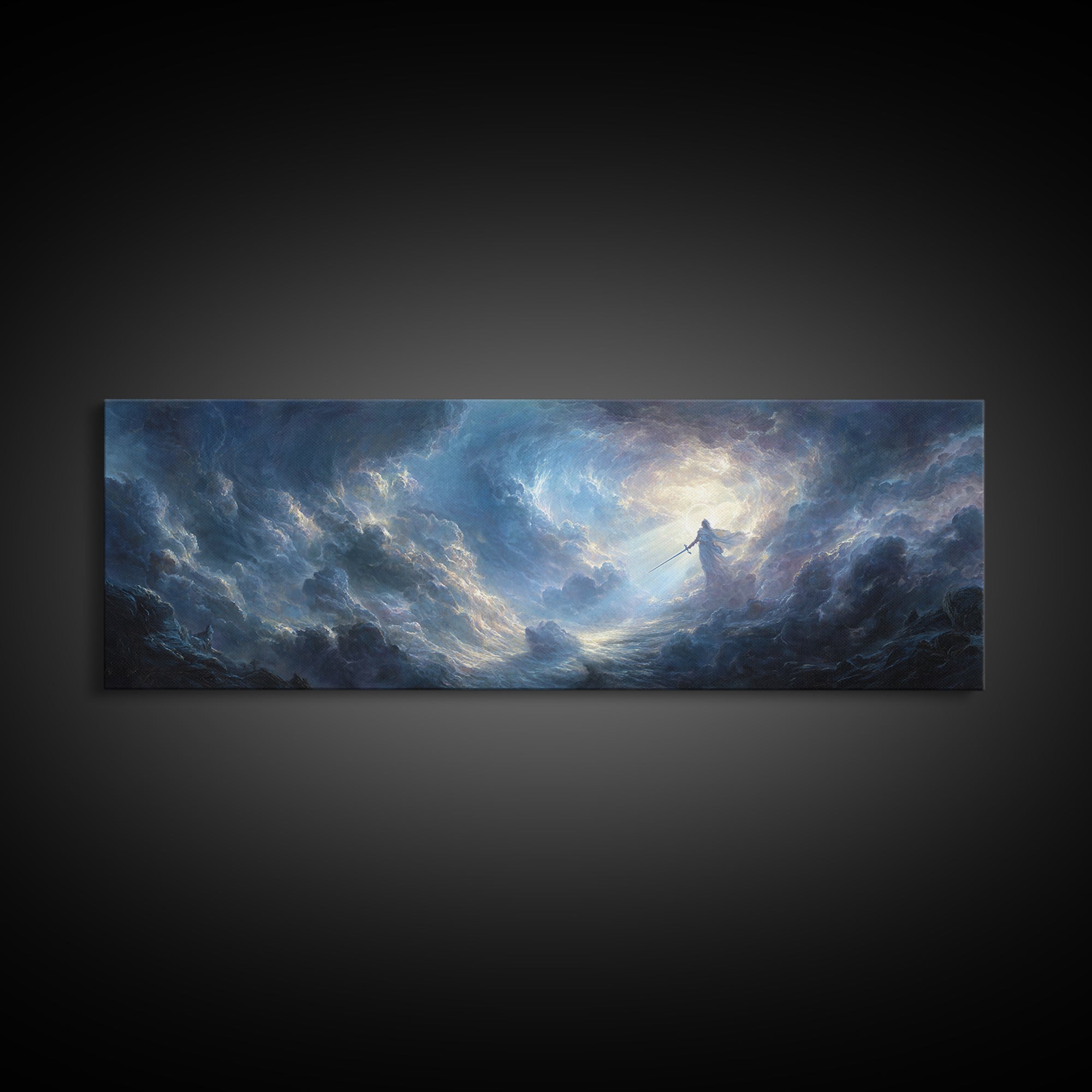 Dramatic Angelic Warrior In Radiant Clouds With Sword Wall Art Framed Canvas Print For Home Decor And Spiritual Gift