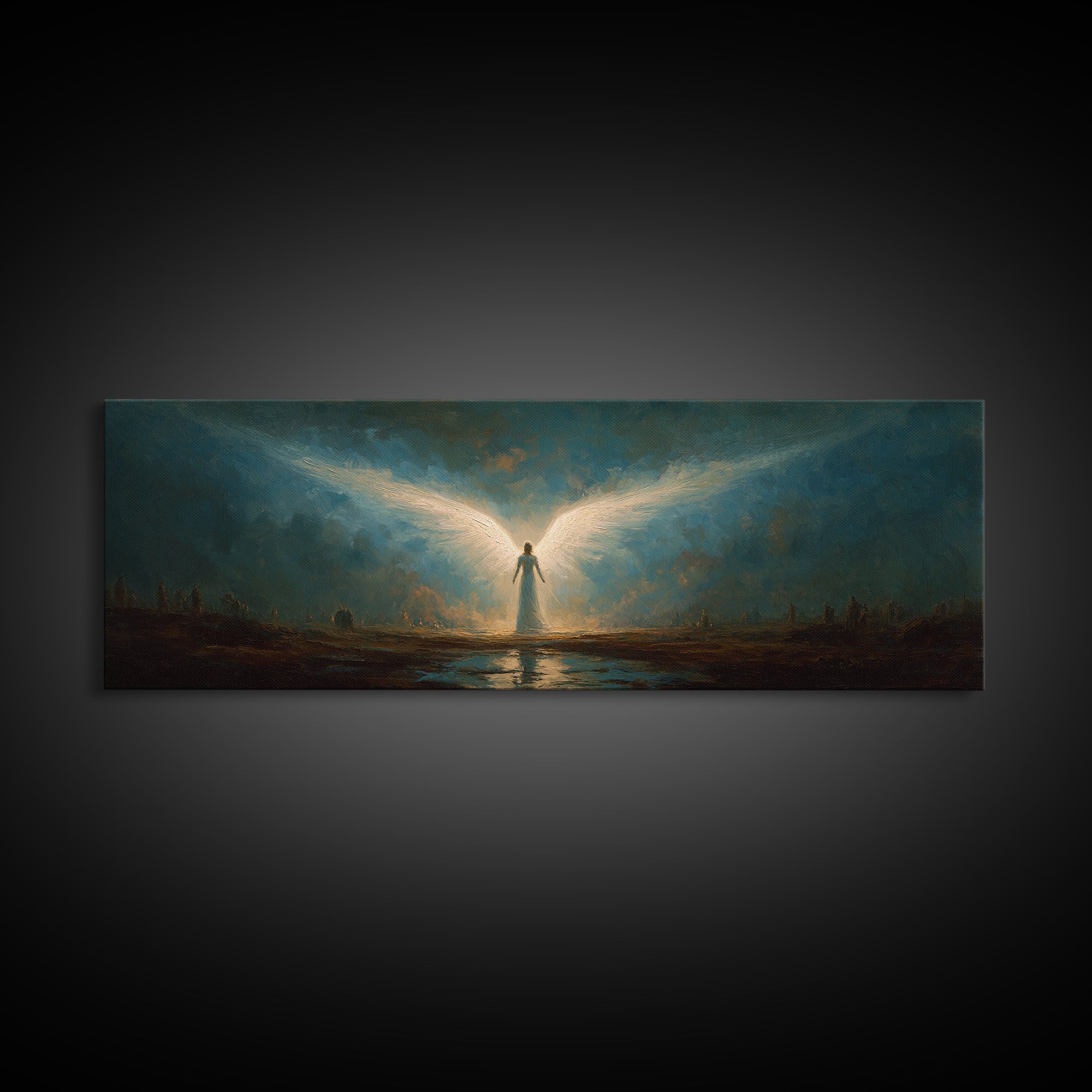 Ethereal Canvas Print Of Angelic Figure Radiating Light Among Heavenly Battle Scene Spiritual Wall Art For Inspirational And Contemporary Home Decoration