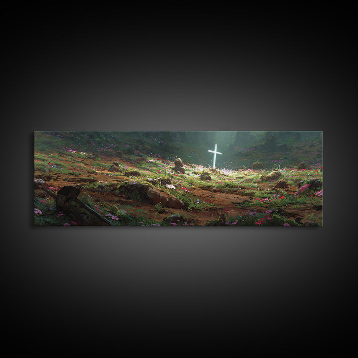 Fantasy Garden Illuminated Cross With Sword On Ground Painting - Canvas Print, Spiritual Wall Art, Religious Home Decor, Gift For Her