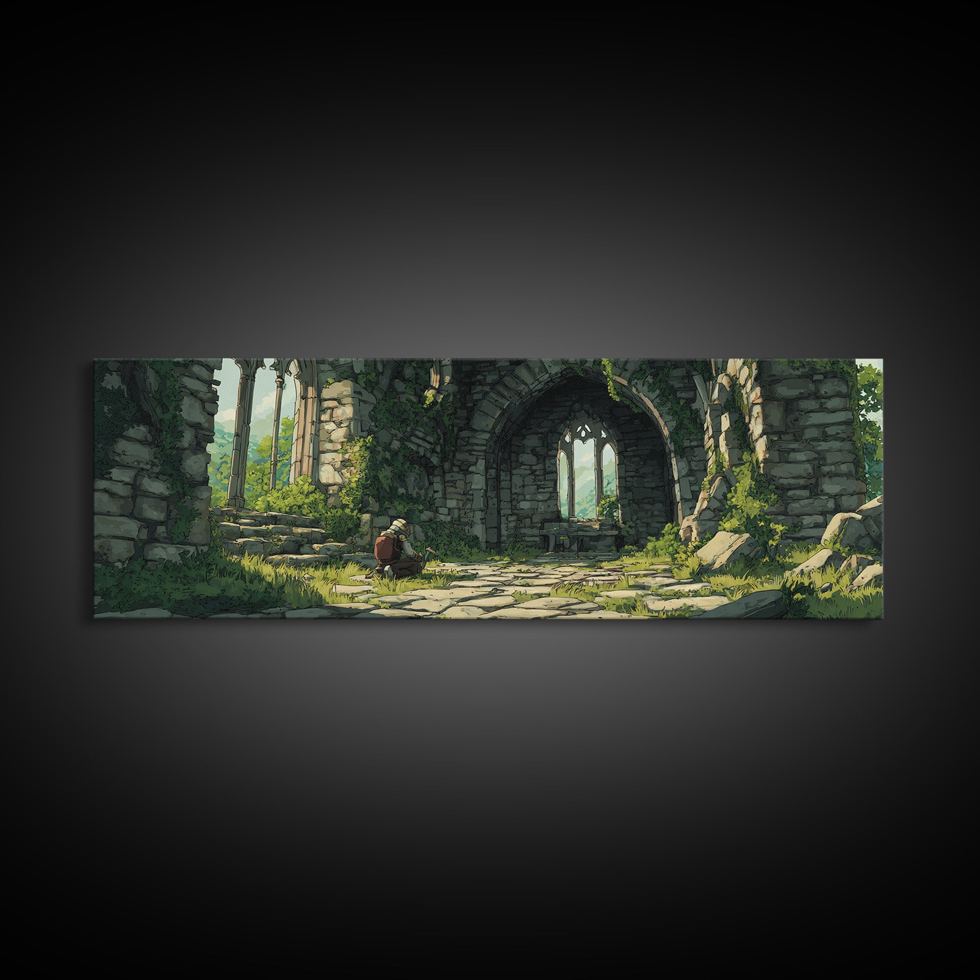 Serene Ruins With Adventurer In Medieval Stone Archway Wall Art Perfect For Home Decor Lovers And Fantasy Enthusiasts Framed Canvas Print