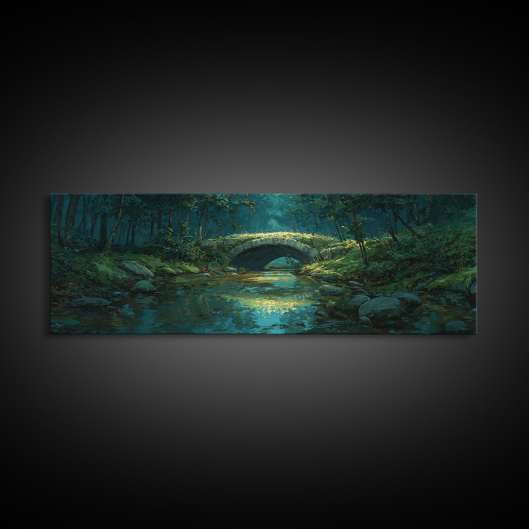 Enchanted Forest Bridge Over Quiet Stream Surrounded By Lush Trees Greenery Nature Wall Art Canvas Print For Home Decor