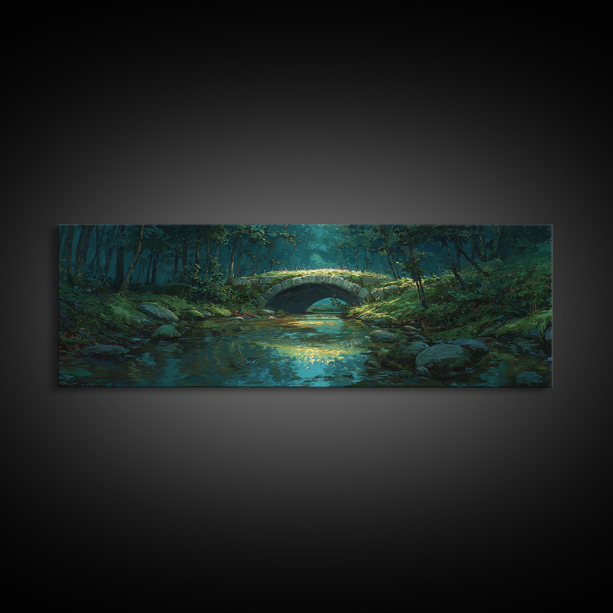 Enchanted Forest Bridge Over Quiet Stream Surrounded By Lush Trees Greenery Nature Wall Art Canvas Print For Home Decor