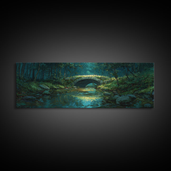 Enchanted Forest Bridge Over Quiet Stream Surrounded By Lush Trees Greenery Nature Wall Art Canvas Print For Home Decor
