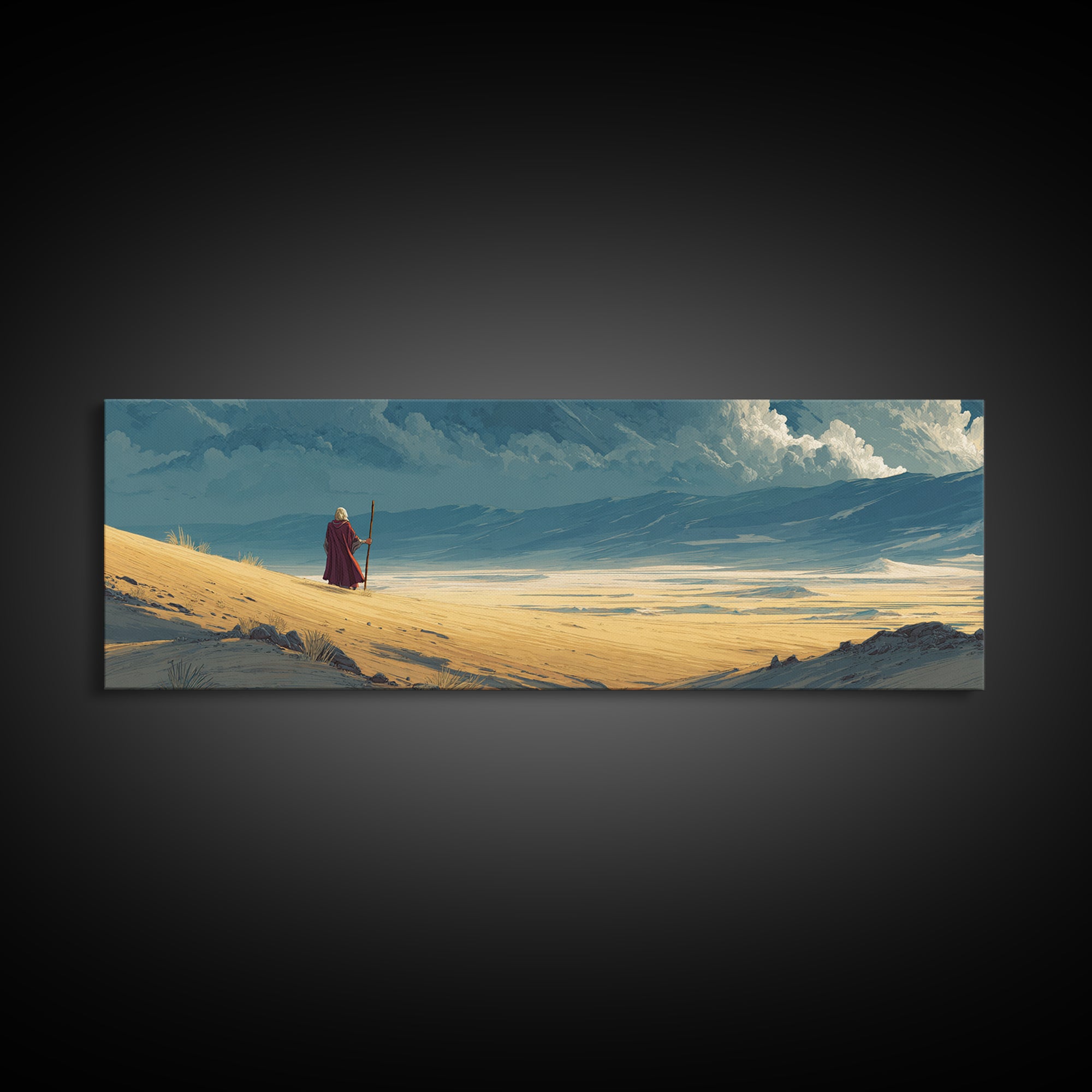 Solitary Traveler On Vast Desert Landscape With Dramatic Clouds Wall Art Canvas Print For Home Decor