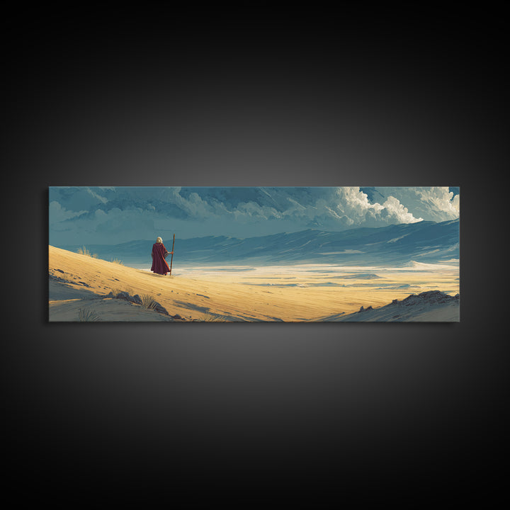 Solitary Traveler On Vast Desert Landscape With Dramatic Clouds Wall Art Canvas Print For Home Decor