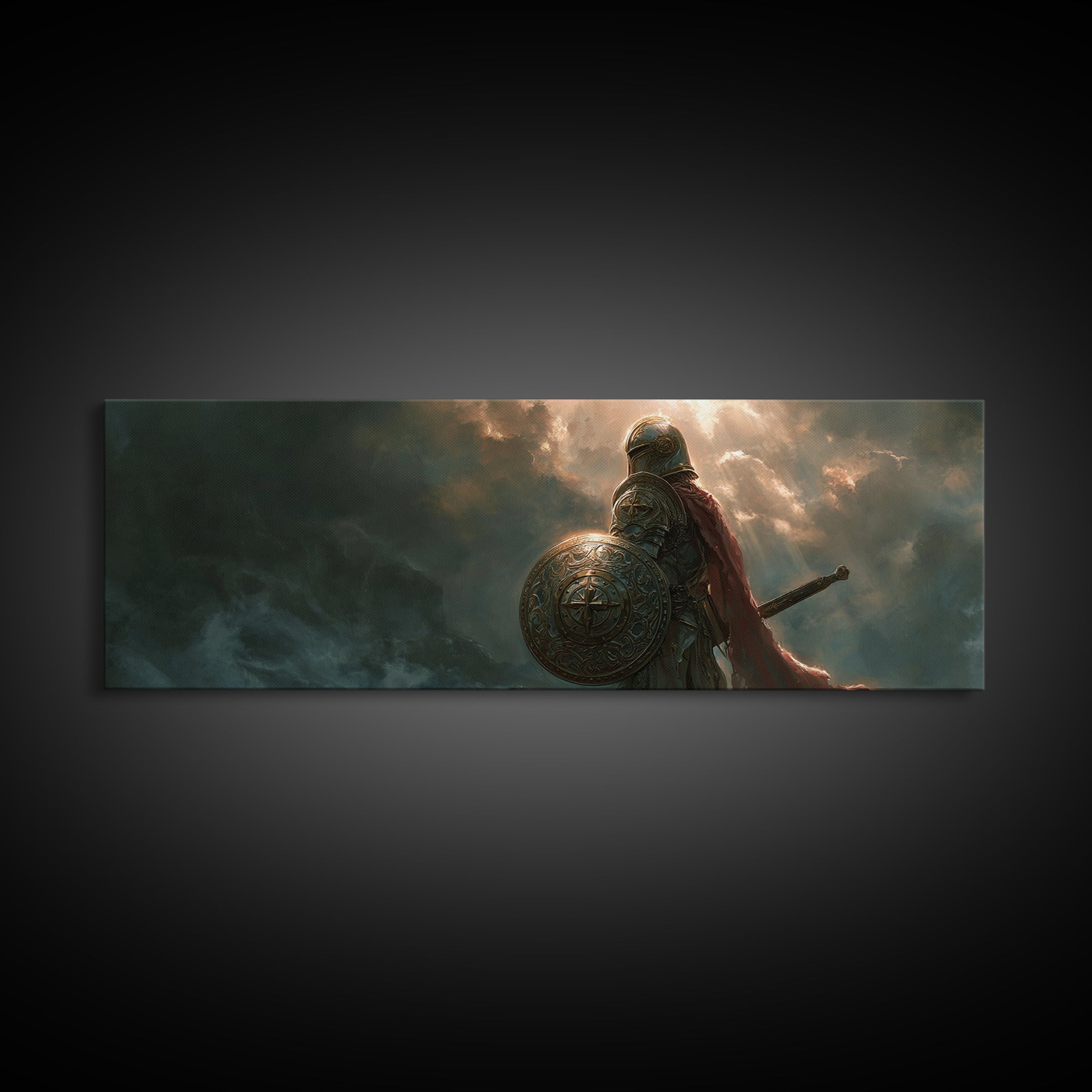 Knight In Armor Standing Against Dramatic Sky Full Of Clouds And Sun Rays - Epic Warrior Wall Art Framed Canvas Print For Home