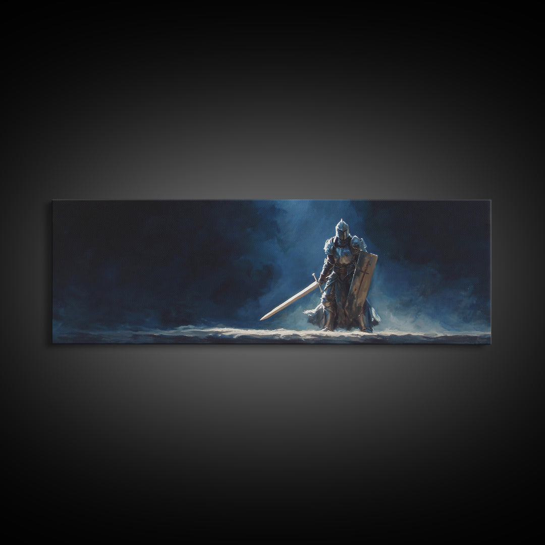 Knight In Armor Fantasy Wall Art Canvas Print Dramatic Original Painting Of Medieval Warrior With Sword Shield