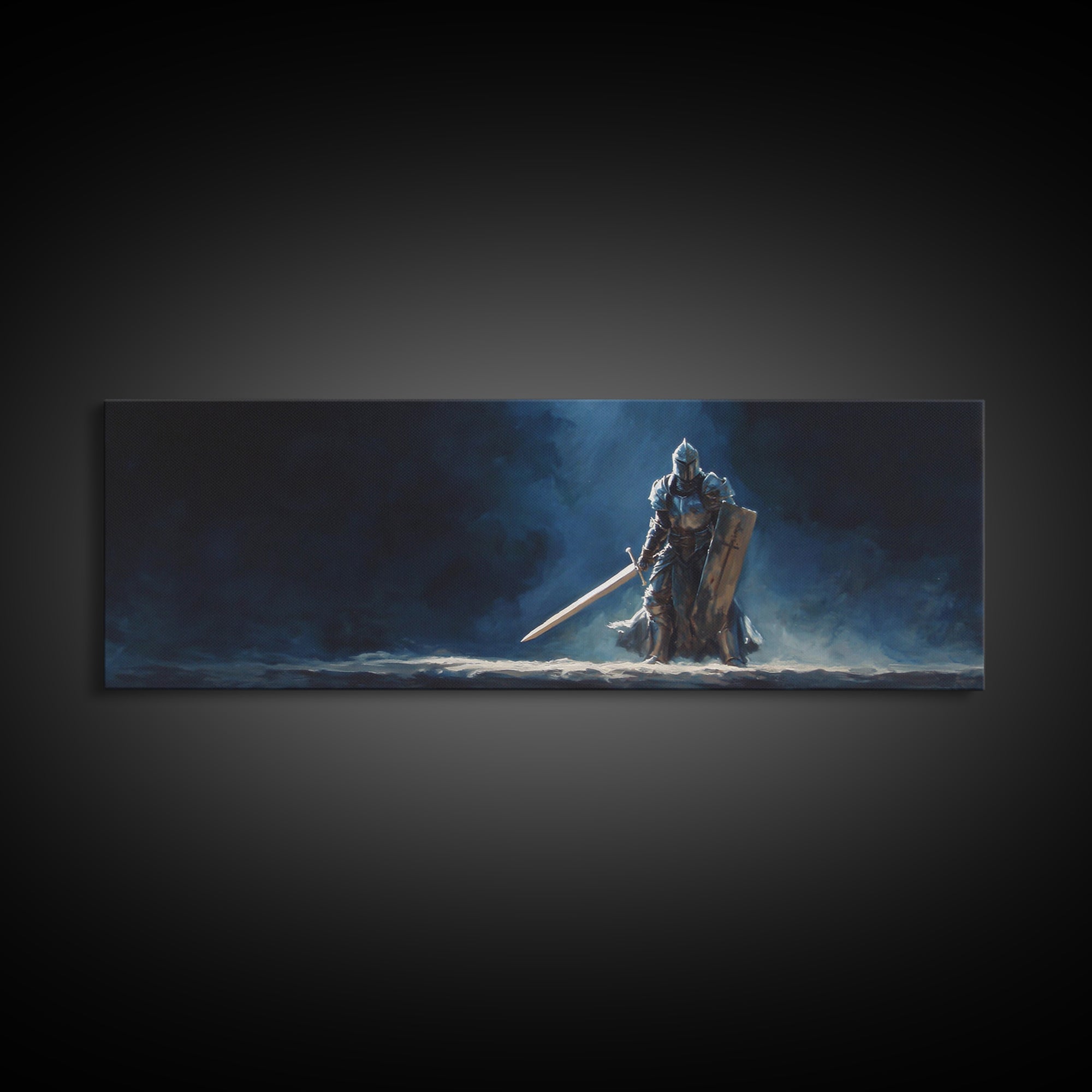 Knight In Armor Fantasy Wall Art Canvas Print Dramatic Original Painting Of Medieval Warrior With Sword Shield