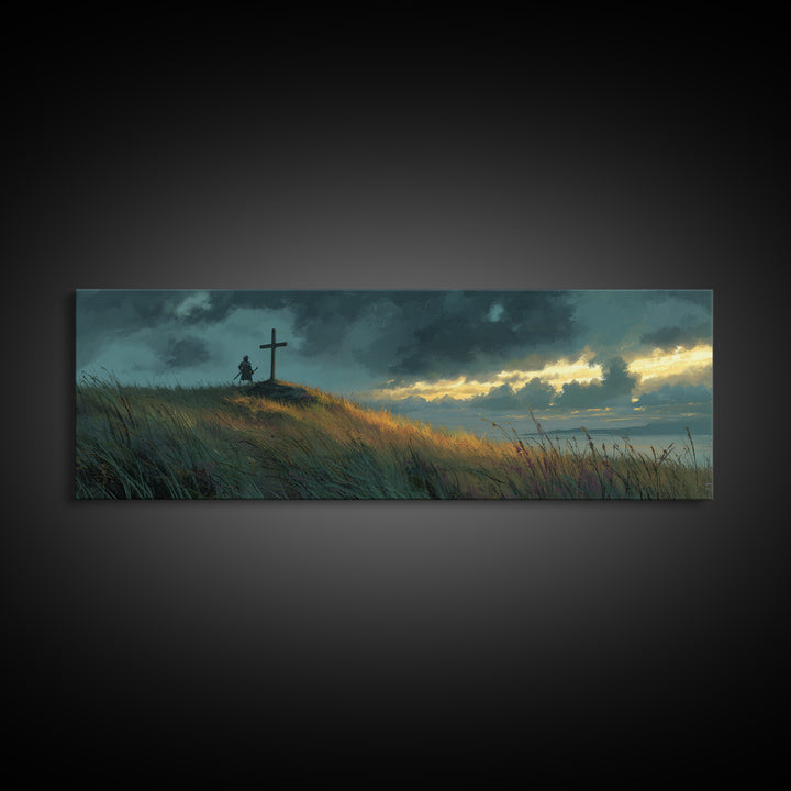 Peaceful Landscape Painting Of Knight And Cross At Sunset Over Rolling Hills Moody Wall Art Print