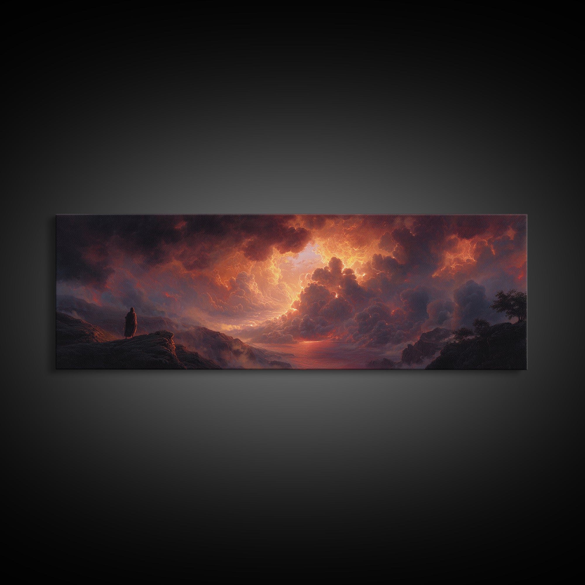 Epic Figure Facing Fiery Sunstorm Fantasy Landscape Wall Art Framed Canvas Print For Dramatic Home Decor And Contemporary Art Lovers