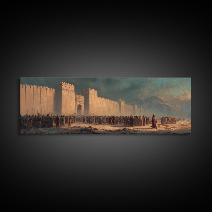Historical Ancient Fortress Castle With Army Gathering In Front Under Moody Sky Canvas Print