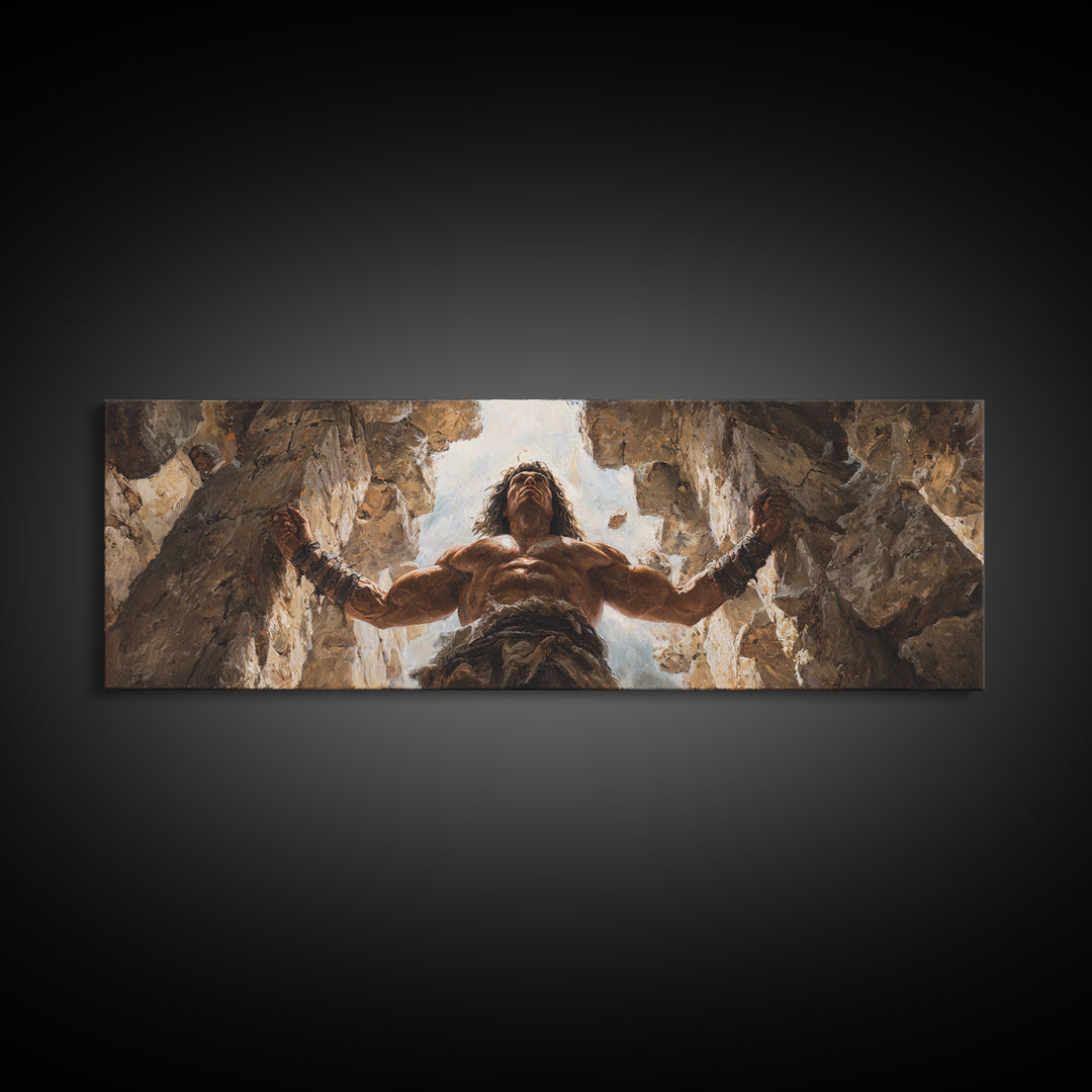 Powerful Barbarian Breaking Rocks With Muscular Strength Wall Art Framed Canvas Print For Home Decor And Office