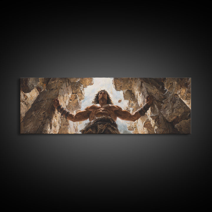Powerful Barbarian Breaking Rocks With Muscular Strength Wall Art Framed Canvas Print For Home Decor And Office