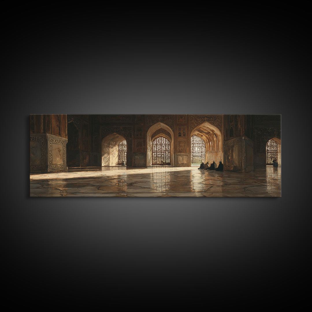 Golden Mosque Prayer Hall Wall Art, Islamic Architecture Canvas, Arabic Home Decor, Spiritual Travel Print For Living Room