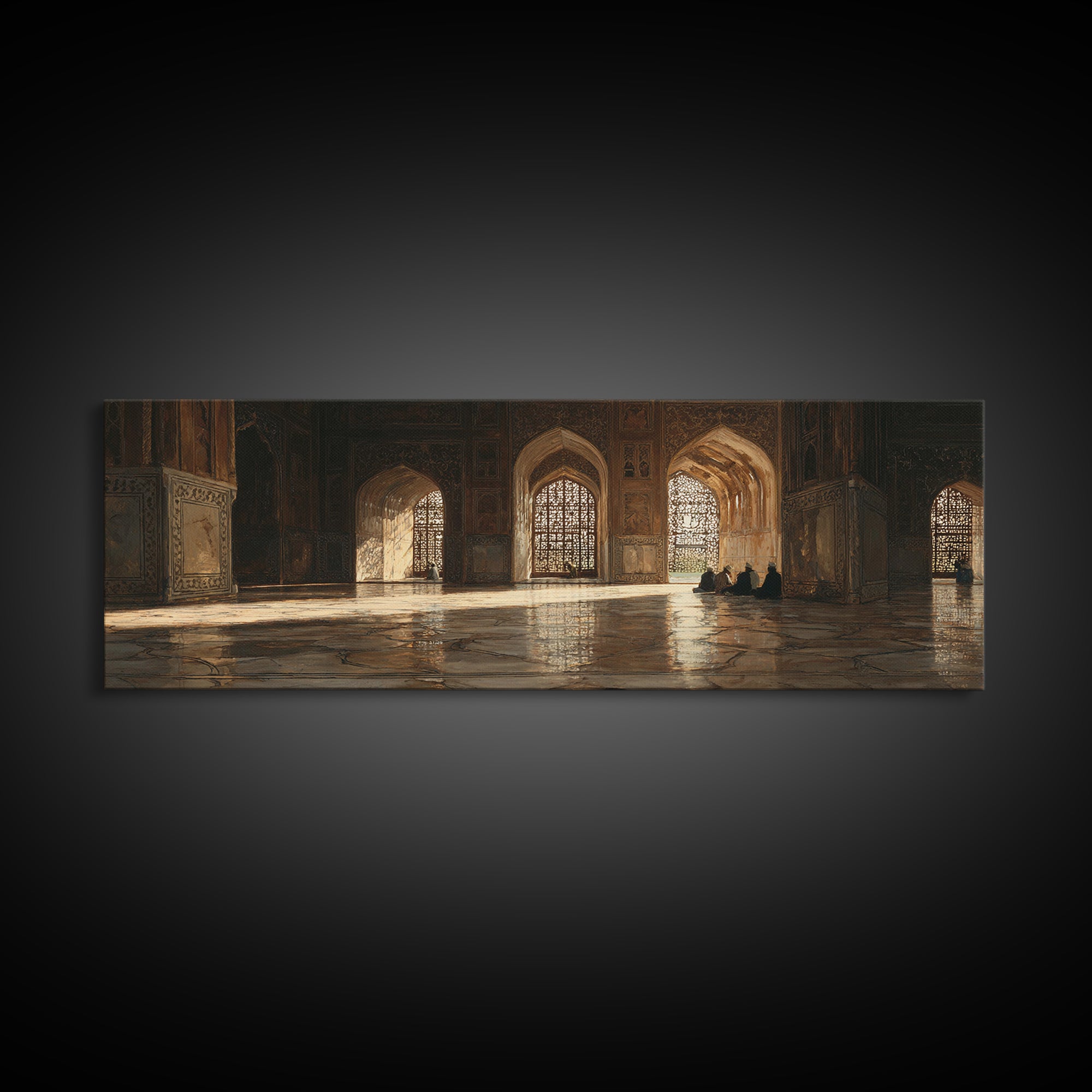 Golden Mosque Prayer Hall Wall Art, Islamic Architecture Canvas, Arabic Home Decor, Spiritual Travel Print For Living Room