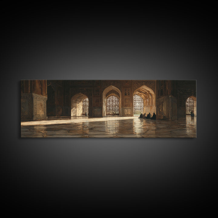 Golden Mosque Prayer Hall Wall Art, Islamic Architecture Canvas, Arabic Home Decor, Spiritual Travel Print For Living Room