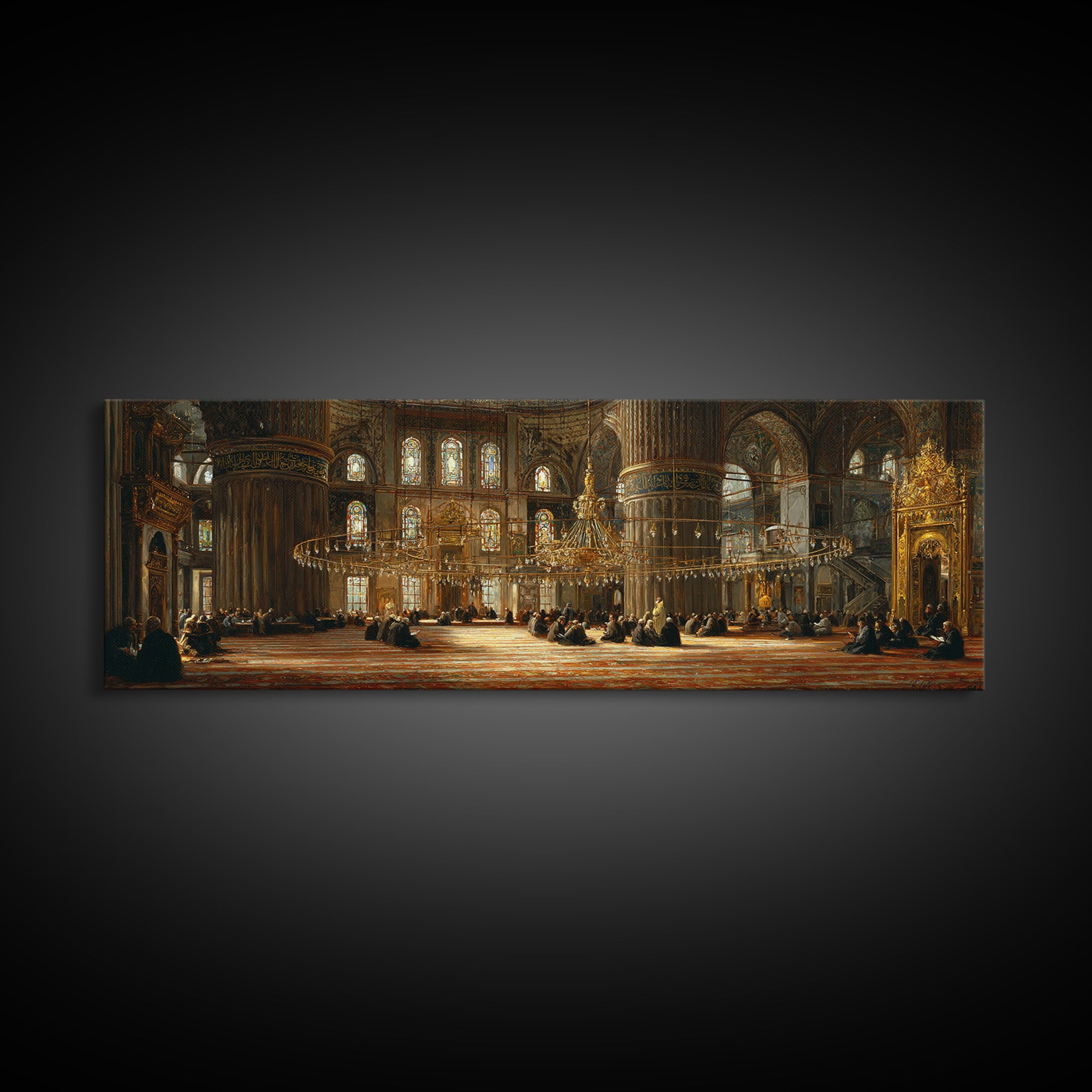 Intricate Historic Mosque Interior With Worshippers And Golden Details Wall Art Beautiful Islamic Architecture Framed Canvas Print