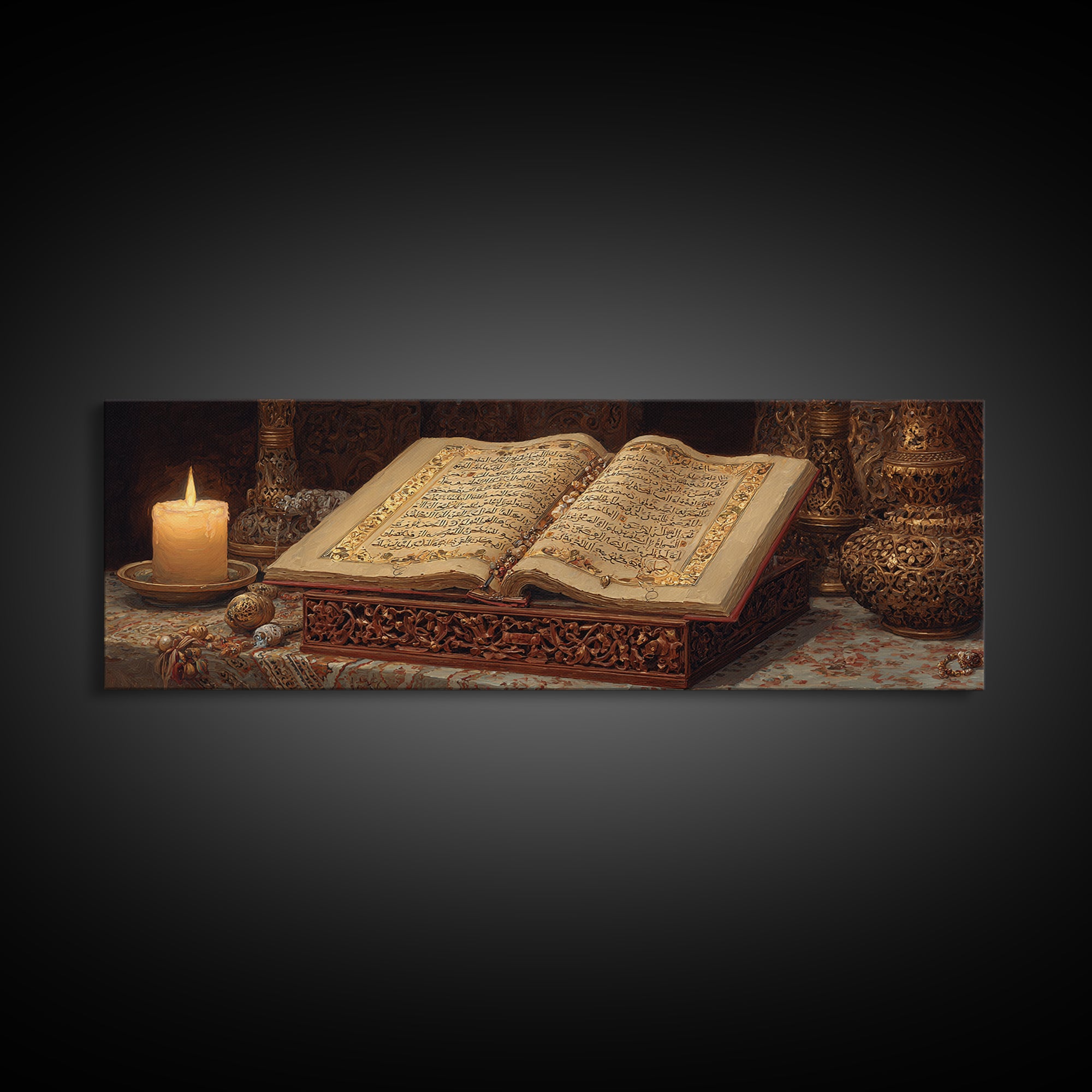 Intricate Handcrafted Ornate Religious Manuscript Painting With Candle And Gold Detailing Wall Art Canvas Print